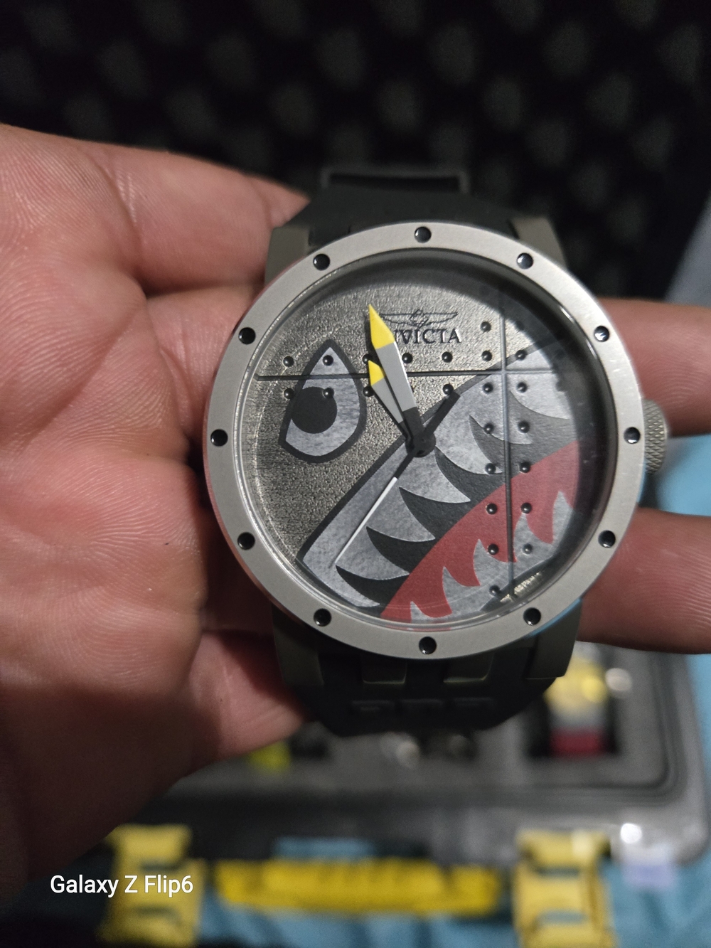Invicta Shark Face Dial Watch - Black, Silver, Red, Yellow Accent 47mm